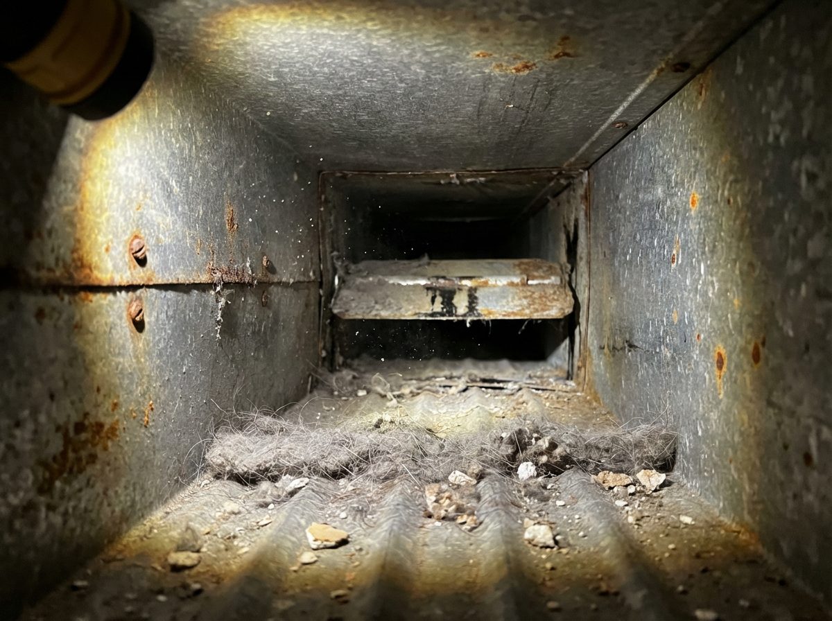 Dirty, debris-filled air duct before cleaning