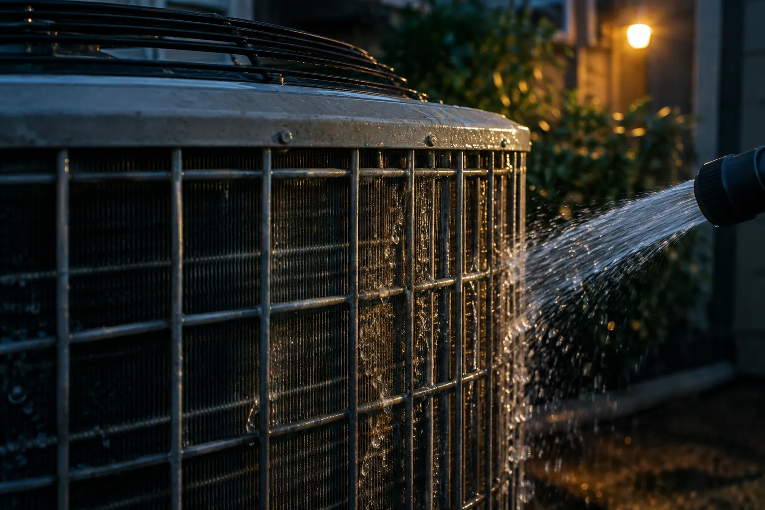 An outdoor condenser being cleaned