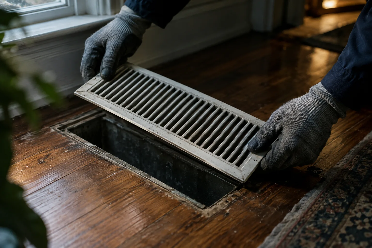 Gloved hands lifting a floor register