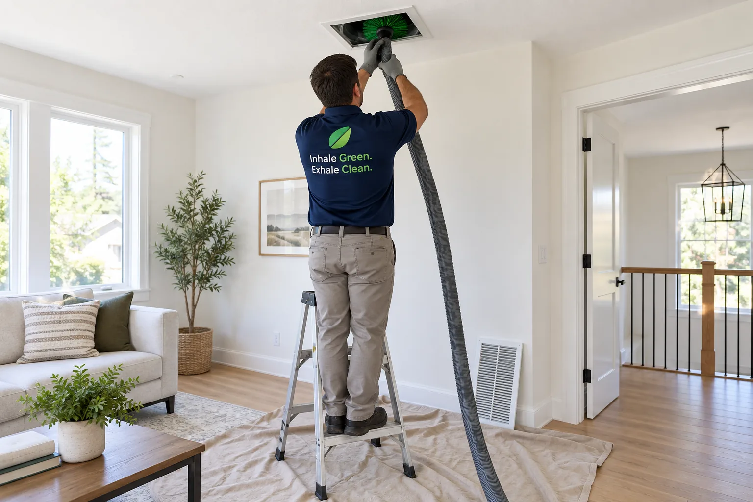 A technician in a Go Green polo cleaning ductwork