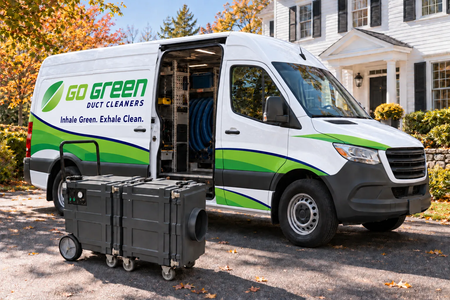 A Go Green van outside a New England home